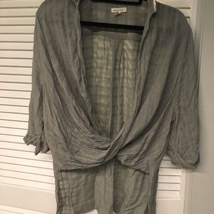 High-low wrap-front olive green top